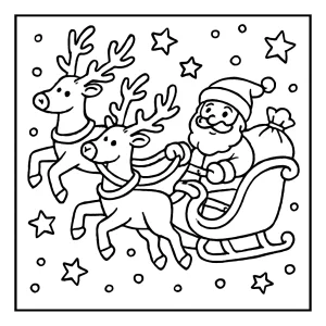 Malvorlage: Rentiere ziehen den Schlitten des Weihnachtsmanns durch verschneite Nacht – kostenlose coloring page für Kinder