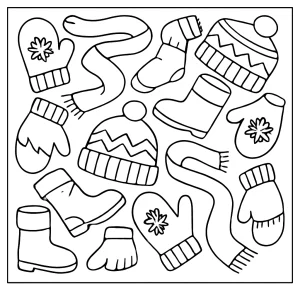 Winter mittens, scarves, hats, and boots coloring page for kids to print and color