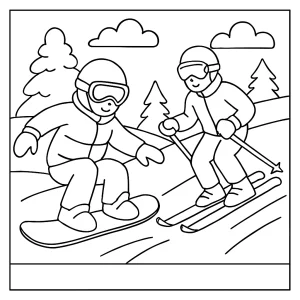 Winter sports coloring page mit Snowboarder und Skifahrer zum Ausmalen – kostenlose Malvorlage für Kinder