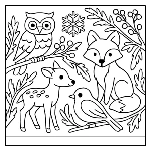 Winterliche Wildtiere zwischen Frostzweigen – Malvorlage, kostenlose coloring page zum Ausmalen