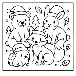 Woodland creatures with Santa hats coloring page featuring forest animals ready for kids to color.