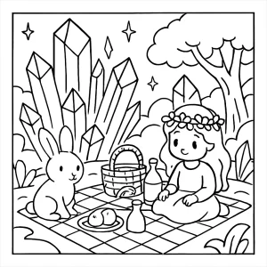 Crystal Forest Picnic coloring page showing magical creatures having a picnic in an enchanted crystal forest, printable for kids.
