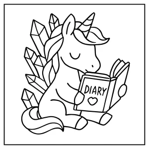 Crystal unicorn reading a diary coloring page for free printable fun