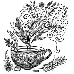 Omalovánka s motivem bylinkového čaje, z jehož páry se vznášejí květinové vzory – coloring page k vytištění zdarma