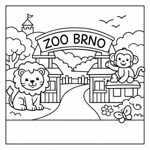 Page de coloriage de l'entrée du zoo de Brno avec un lion et un singe pour enfants