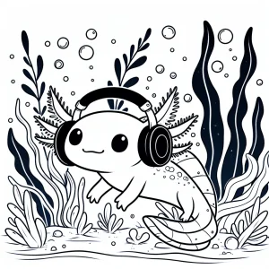 Omalovánka axolotla se sluchátky v podmořském lese řas ke stažení zdarma