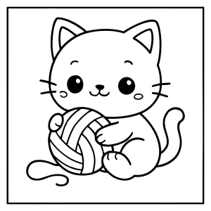 Kawaii Katze spielt mit Wollknäuel – Malvorlage zum Ausdrucken, coloring page für Kinder