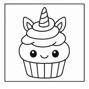 Kawaii Einhorn-Cupcake Malvorlage – kostenlose coloring page für Kinder zum Ausmalen und Herunterladen.