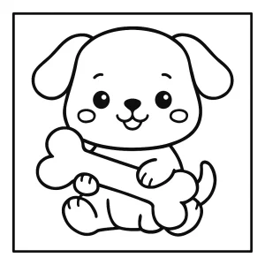 Kawaii Hund mit großem Knochen Malvorlage, kostenlose coloring page zum Ausdrucken für Kinder