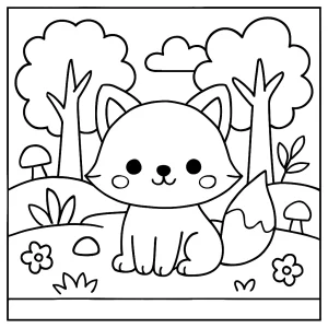 Niedliche Kawaii-Fuchs im Wald Malvorlage – kostenlose coloring page für Kinder