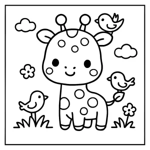 Kawaii Giraffe mit kleinen Vögeln – Malvorlage zum Ausdrucken, coloring page für Kinder