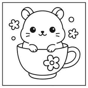 Kawaii Hamster in einer Teetasse – Malvorlage, kostenlose coloring page zum Ausmalen für Kinder