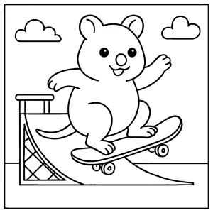 Omalovánka zdarma: roztomilý quokka na skateboardové rampě k vytištění
