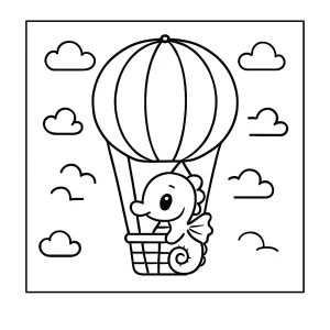 Flying sea horse hot-air balloon coloring page for kids to print and color