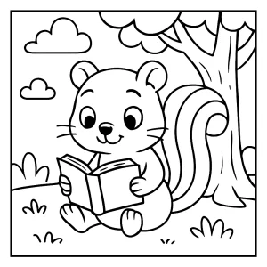 Cute xerus reading a book under a tree coloring page for kids to print and color