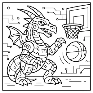 Omalovánka kybernetický drak hraje basketbal – stránka k vybarvení zdarma