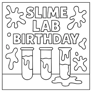 Omalovánka laboratoř slizu s narozeninovou tématikou, zkumavkami a slizem – coloring page zdarma pro děti