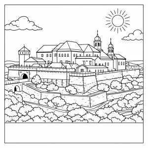 Página para colorear del Castillo Špilberk en Brno, dibujo detallado en blanco y negro para imprimir