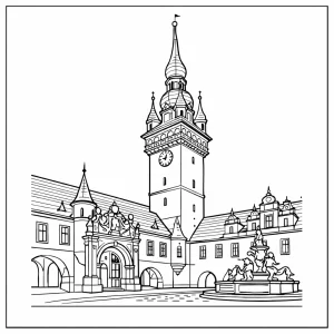 Página para colorear del Ayuntamiento Viejo de Brno con torre gótica torcida, dibujo detallado en blanco y negro para imprimir