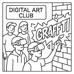 VR graffiti digital art club coloring page showing kids painting a virtual wall with headsets