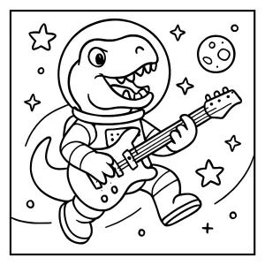 Dinosaurus astronaut hrající na elektrickou kytaru – omalovánka pro děti zdarma