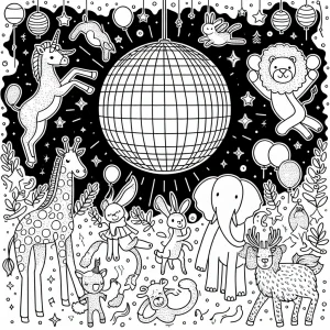 Dancing Animals Disco Ball Party omalovánka – coloring page se zvířátky tancujícími pod diskokoulí na narozeninové oslavě