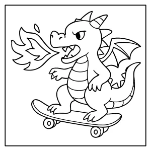 Omalovánka draka na skateboardu chrlícího plameny – omalovánka k vytisknutí zdarma