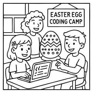 Easter Egg Coding Camp coloring page: kids programming LED Easter eggs, free printable