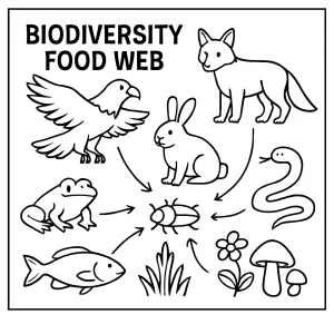 Edukační coloring page omalovánka s motivem potravní sítě a biodiverzity k vybarvení pro děti