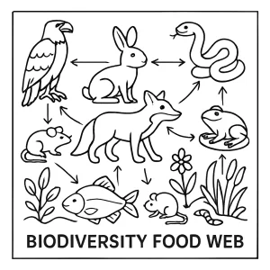 Vzdělávací omalovánka zdarma – Biodiverzita: Potravní pavučina coloring page s přírodní tematikou pro děti