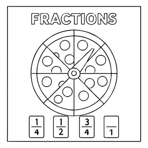 Vzdělávací coloring page omalovánka s pizzou rozdělenou na zlomky a spinnerem pro děti