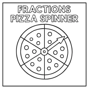 Edukační coloring page omalovánka s pizzovým spinnerem na procvičování zlomků pro děti