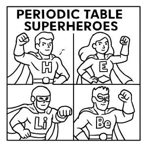 Vzdělávací coloring page omalovánka s panel superhrdinů inspirovaných periodickou tabulkou prvků pro děti