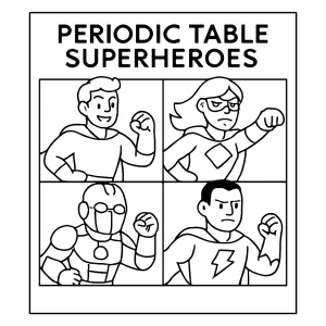 Omalovánka superhrdinové periodické tabulky – coloring page pro děti k vytištění
