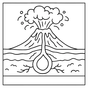 Vzdělávací omalovánka průřez sopkou s erupcí – coloring page k vytisknutí zdarma