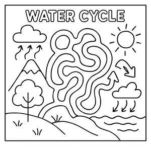 Vzdělávací coloring page omalovánka s bludištěm znázorňujícím koloběh vody pro děti k vybarvení
