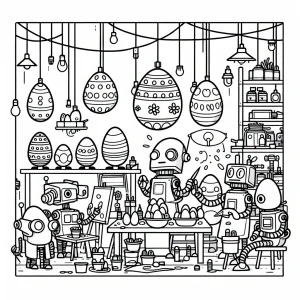 page de coloriage gratuite montrant des robots et enfants décorant des œufs de Pâques dans un atelier ludique