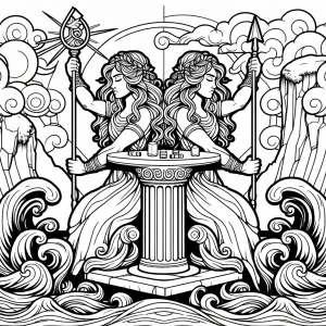 Elemental twins on a cliff altar controlling tides and storms