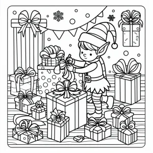 Elf Wrapping Presents omalovánka – coloring page s veselým elfem, který balí dárky k Vánocům