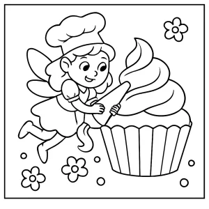 Omaľovánka: víla pekárka zdobí obrovský cupcake, stránka na vyfarbenie zdarma