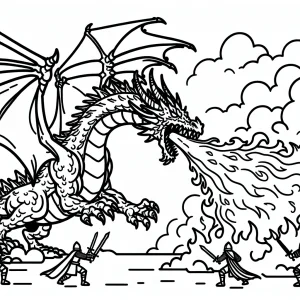 page de coloriage dragon cracheur de feu en bataille à imprimer gratuitement