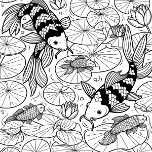 Omalovánka s kapříky koi a lekníny – vzorová coloring page pro děti i dospělé