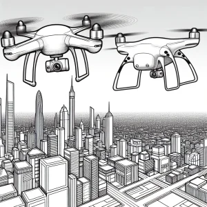 Omalovánka létající taxi dron nad futuristickým městem – omalovánka ke stažení zdarma