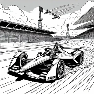 Formula-E page de coloriage montrant une voiture de course électrique dérapant devant des tribunes solaires, scène dynamique à colorier