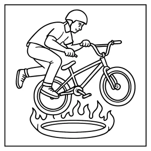Freestyle BMX jezdec skáče přes LED ohnivý kruh – omalovánka k vytištění