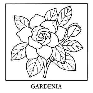 Vintage botanická gardénie coloring page – detailní omalovánka květiny vhodná k vytištění a vybarvení