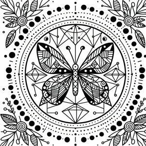 page de coloriage d’ailes de papillon géométriques disposées en cercle, à imprimer gratuitement