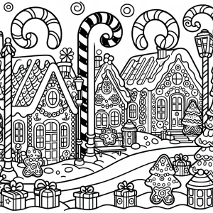 Mesto Perníkových Domčekov omalovánka – coloring page s perníkovými domčekmi a cukríkovými lampášmi na vyfarbenie