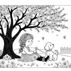 Malvorlage: Mädchen und Welpe sitzen unter einem blühenden Kirschbaum, coloring page zum Ausmalen