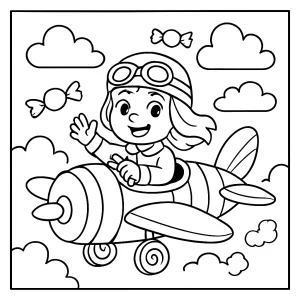 Omalovánka dívka pilotka v bonbónovém letadle – coloring page k vytisknutí pro děti